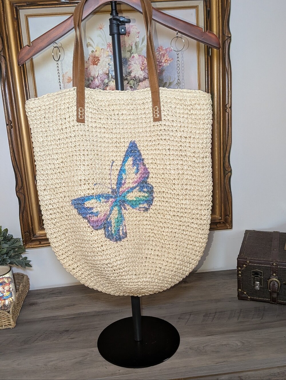 Style &Co. Woven Cream Butterfly Tote Bag with Brown Handles